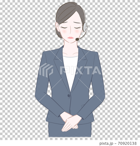 Illustration of a woman in a suit wearing a headset to apologize 70920138