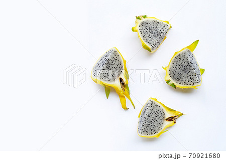 Yellow pitahaya or dragon fruit on white background. Copy space 70921680