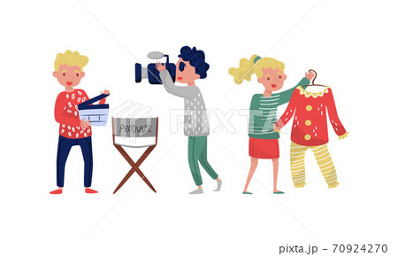 Young Man and Woman Shooting Movie and Filming Vector Illustration Set Young Man and Woman Shooting Movie and Filming Vector Illustration Set 70924270
