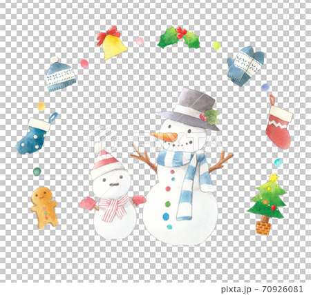 雪だるまと冬のモチーフ 手描き水彩のイラスト素材