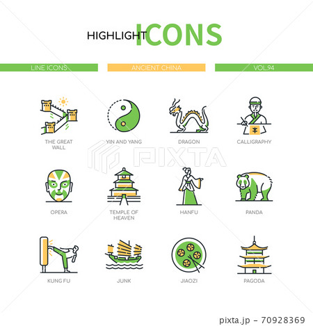 Ancient China Modern Line Design Style Icons Setのイラスト素材