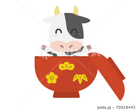 お椀に入った牛のキャラクターのイラストのイラスト素材