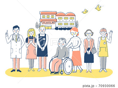 介護施設　車椅子のおじいちゃんと介護スタッフ 70930066