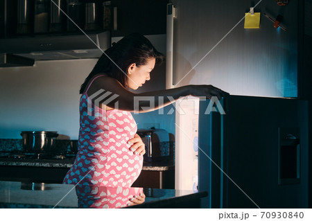 Latin American Pregnant Woman Eating At Night Latin American Pregnant Woman Eating At Night 70930840