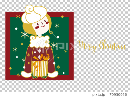 クリスマスカード Merry Christmas キラキラ金色に輝く雪とプレゼントを届ける女の子 赤のイラスト素材