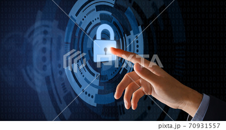 Illustration of hand touching closed padlock with keyhole icon 70931557