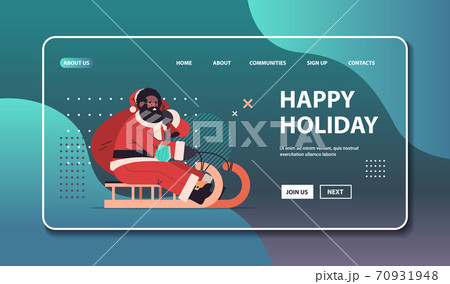 african american santa in protective mask riding sledge happy new year merry christmas holidays celebration 70931948