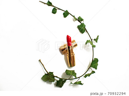Red lipstick in gold tube with green leaves on branch on white background. Copy space, close-up 70932294