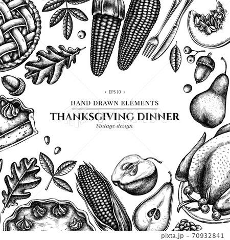 Design with black and white pumpkin, fork, knife, pears, turkey, pumpkin pie, apple pie, corn Design with black and white pumpkin, fork, knife, pears, turkey, pumpkin pie, apple pie, corn 70932841