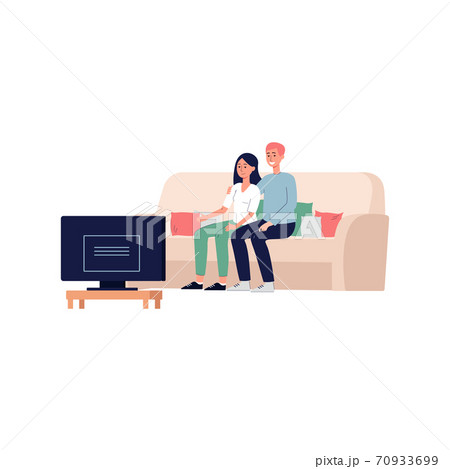Couple watching movie at home on comfortable sofa, flat vector illustration. Couple watching movie at home on comfortable sofa, flat vector illustration. 70933699