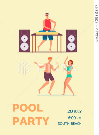 Pool party invitation card with DJ holds music party, flat vector illustration. 70933847