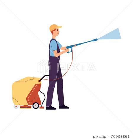Car service worker washes a car with machine, flat vector illustration isolated. Car service worker washes a car with machine, flat vector illustration isolated. 70933861