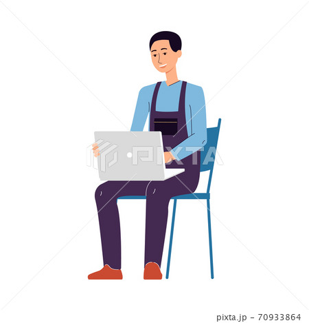 Repairman making diagnostic with laptop flat vector illustration isolated. 70933864