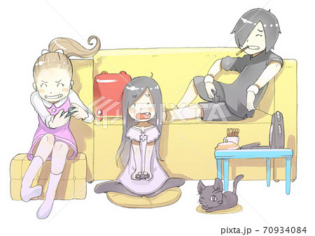 女子小学生三人が家でゲームをしている様子のイラスト素材 70934084 Pixta