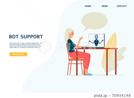Bot support web page with woman chatting with chatbot, flat vector illustration. Bot support web page with woman chatting with chatbot, flat vector illustration. 70934148