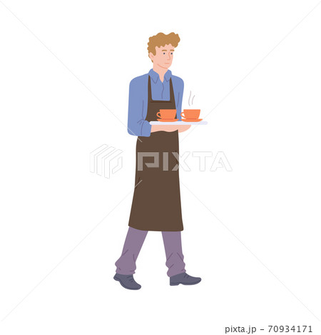 Male waiter carries two cups of hot drink a vector isolated illustration Male waiter carries two cups of hot drink a vector isolated illustration 70934171
