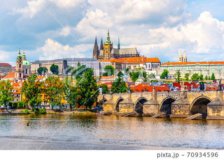 Prague Panorama with Prague Castle and Charles Bridge above Vltava River, Prague, Czech Republic 70934596
