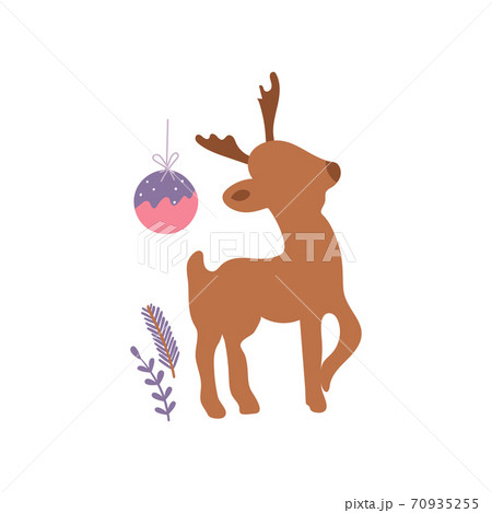 Christmas minimalistic card with reindeer and ball. Vector illustration with winter motif 70935255
