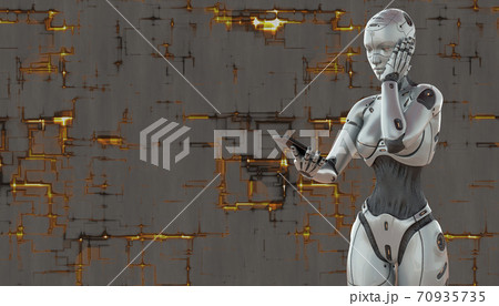 Cyborg girl with smartphone concept on techno background 3d illustration 70935735