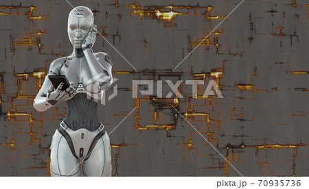 Cyborg girl with smartphone concept on techno background 3d illustration Cyborg girl with smartphone concept on techno background 3d illustration 70935736