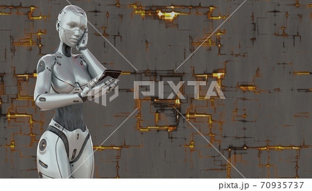 Cyborg girl with smartphone concept on techno background 3d illustration 70935737