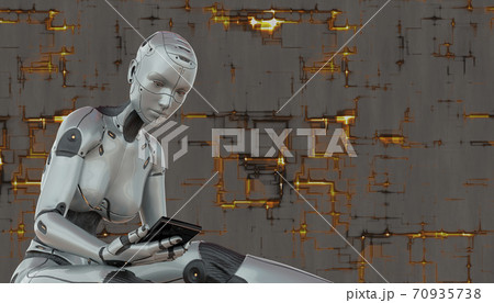 Cyborg girl with smartphone concept on techno background 3d illustration 70935738