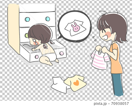 お気に入りの洋服を探す子供と困る母親 お気に入りの洋服を探す子供と困る母親 70938057