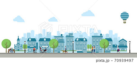横並び ビル 建物 家 風景 街並み バナーイラスト 人々の日常生活のイラスト素材