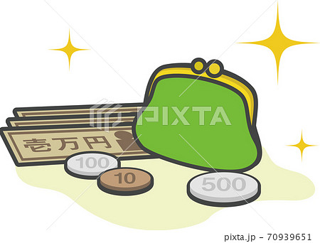 がま口財布、一万円札、500円、100円、10円などの硬貨。 がま口財布、一万円札、500円、100円、10円などの硬貨。 70939651