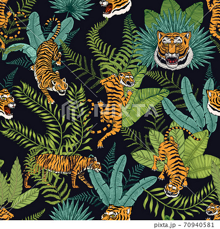 Japanese tigers with tropical leaves. Wild animal with green plants. Banner or poster for 70940581