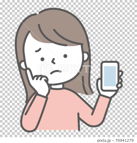 スマホを持って悩んでいる女性のイラスト スマホを持って悩んでいる女性のイラスト 70941279