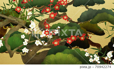 松竹梅と金箔の和風背景 - 複数のバリエーションがあります 松竹梅と金箔の和風背景 - 複数のバリエーションがあります 70942274