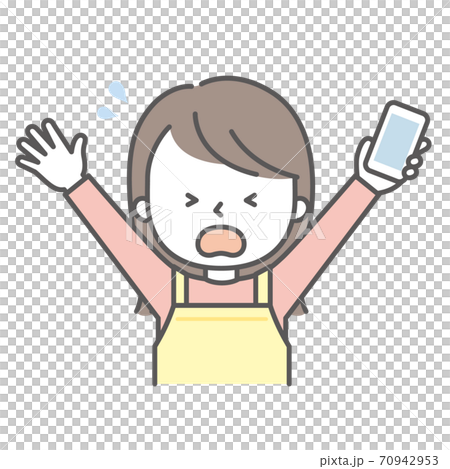 スマホを持って慌てている主婦のイラスト スマホを持って慌てている主婦のイラスト 70942953