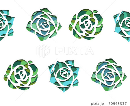 Seamless texture with succulents top view with 3d background cut out of paper in green color on white background. Vector pattern 70943337