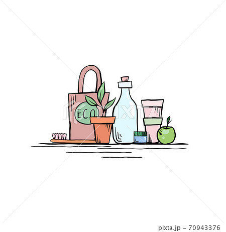 Eco friendly Zero waste objects. Ecological illustration in scribble style. The object is separate from the background. 70943376