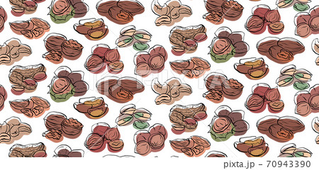 Seamless pattern with contour drawings of various types of nuts with colored spots on white background. Vector texture 70943390