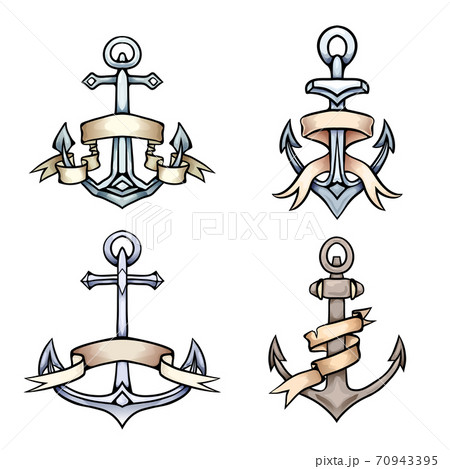 Set of vintage multicolored cartoon anchors with paper ribbon. Hand drawn illustration. 70943395