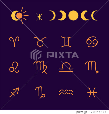 Zodiac clipart. Set of zodiac symbol icons. Moon, sun, star, celestial clipart, cute kids astrological symbols. 70944853