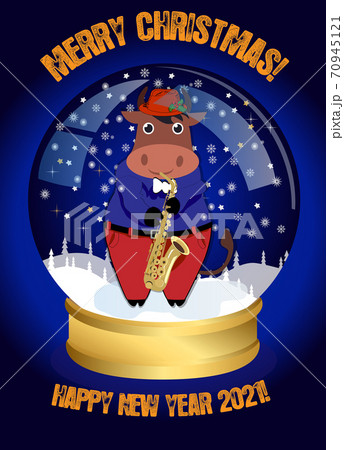 Christmas snow globe. Funny Christmas bull plays the saxophone and congratulates on the holidays. For designer postcards and congratulations. Christmas snow globe. Funny Christmas bull plays the saxophone and congratulates on the holidays. For designer postcards and congratulations. 70945121