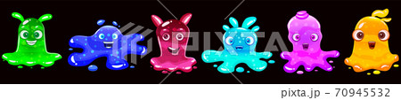 Set Slime jelli monsters characters, liquid yellow green red cyan violet blue creatures. Funny cute cartoon vector illustration on black background Set Slime jelli monsters characters, liquid yellow green red cyan violet blue creatures. Funny cute cartoon vector illustration on black background 70945532