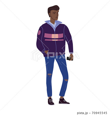 Young black man student in modern autumn trendy clothes. Fashion casual outerwear street style character. Flat cartoon style vector isolated illustration 70945545