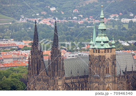 Prague, Czech Republic on july 8, 2020; Prague cityscape. Skyline on a rainy day, focus on the cathedral 70946340