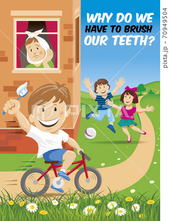 happy smiling boy on bike holding tooth brush, the sad boy is looking out the window,	 70949504