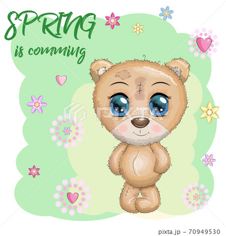 Cute bear with big eyes and a bouquet of flowers, Spring is coming 70949530