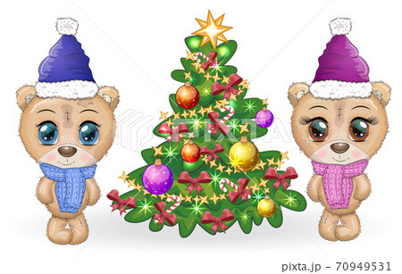 Couple of cute cartoon teddy bear with big eyes in a scarf and hat near a Christmas tree 70949531