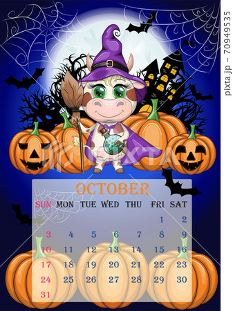 Calendar 2021. Cute bull and cow for every month. Calendar 2021. Cute bull and cow for every month. 70949535