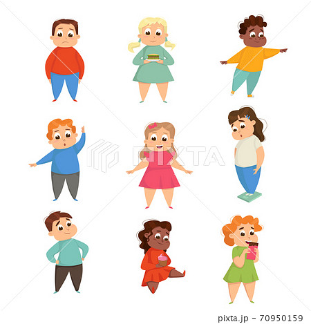 Overweight Girls and Boys, Cheerful Plump Kids Doing Sports Exercises and Eating Fast Food Cartoon Style Vector Illustration 70950159