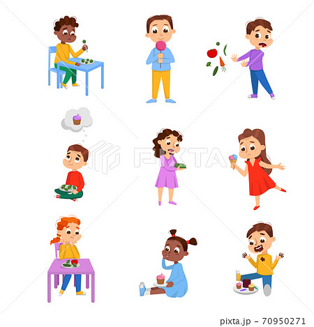 Kids Choosing Between Healthy and Unhealthy Food Set, Boys and Girls Refusing to Vegetables and Enjoying of Eating Sweet Desserts Cartoon Style Vector Illustration Kids Choosing Between Healthy and Unhealthy Food Set, Boys and Girls Refusing to Vegetables and Enjoying of Eating Sweet Desserts Cartoon Style Vector Illustration 70950271