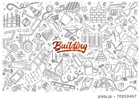 Building doodle set with red lettering Building doodle set with red lettering 70950467