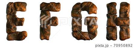 Set of rocky letters E, F, G, H. Font of stone on white background. 3d 70950892